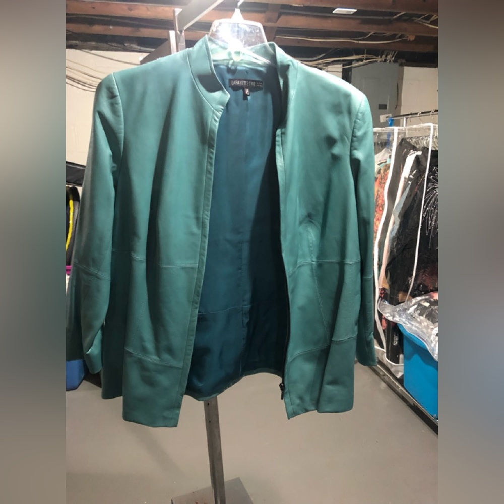 90’s vintage Aqua blue lamb skin leather jacket rare Lafayette 148 V neck soft